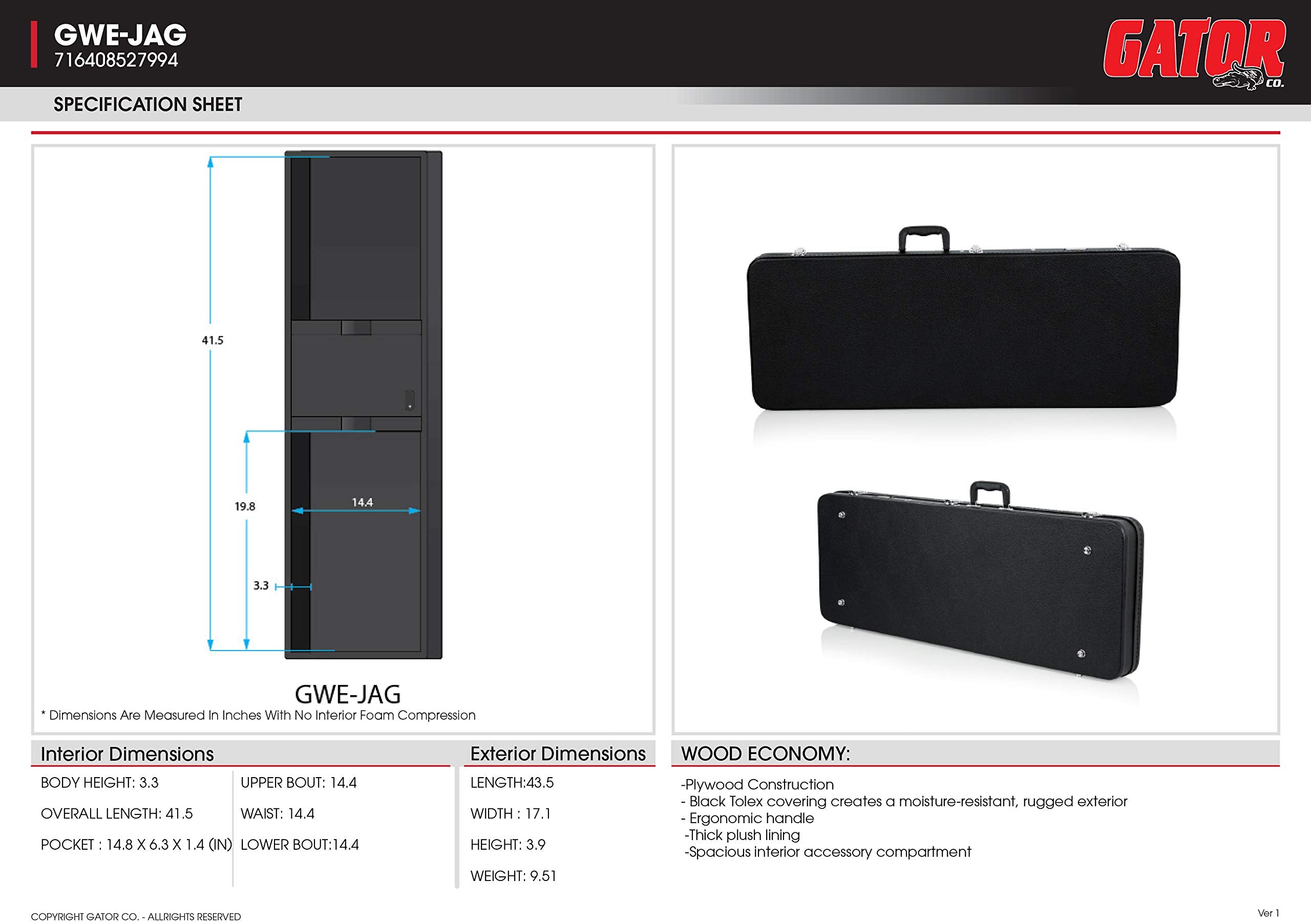 Gator Cases Hard Shell Wood Case For Fender Jaguar/Jazzmaster Guitars (Gwe Jag) Black